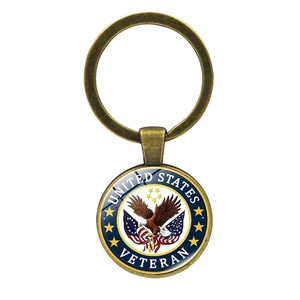 Portachiavi Veterano Aquila Americana in bronzo antico con cabochon in vetro e bandiere
