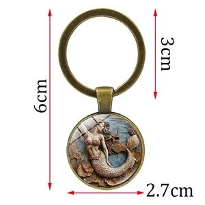 Vintage bronze mermaid keychain with time gem glass pendant and detailed dimensions