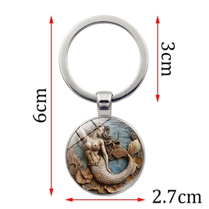 Mermaid relief glass pendant keychain with silver ring and precise size measurements