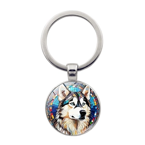 Creative Husky Pet Dog Time Gem Keychain Zinc Alloy Metal Key Ring Stained Glass Style Animal Pattern Bag Pendant Gift