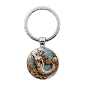 Vintage Mermaid Time Gem Metal Keychain Round Zinc Alloy Glass Pendant Keyring Retro Car Bag Hanging Jewelry Accessory