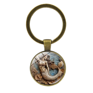 Vintage bronze mermaid time gem keychain with elegant relief for bags and cars