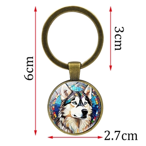 Artistic Husky dog time gem keychain in bronze alloy with size dimensions display