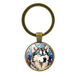 Husky dog art glass cabochon keychain with bronze metal finish for car keys and bags