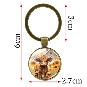 Porte-clés vache Highland et tournesol en verre bombé avec anneau en métal bronze