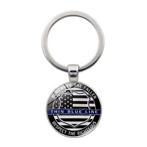 Thin Blue Line Police Challenge Coin Keychain Zinc Alloy Glass Shield American Flag Commemorative Metal Keyring Pendant Gift