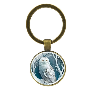Vintage bronze owl glass cabochon keychain with a snowy owl artistic pendant for keys
