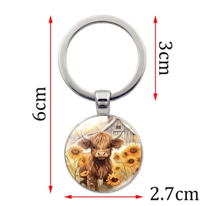 Porte-clés en verre vache Highland écossaise et tournesol avec anneau en métal