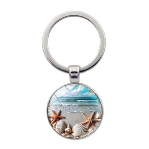 Portachiavi in Lega di Zinco Tondo Spiaggia Hawaii Stella Marina Conchiglia Tema Oceano Creativo Pendente in Metallo per Borse e Chiavi