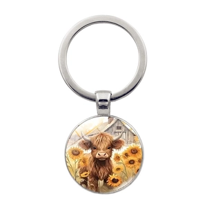 Porte-clés Highland Cow Tournesol En Alliage De Zinc Et Verre Anneau En Métal Style Ferme Rustique Pour Sacs Et Cadeaux Créatifs