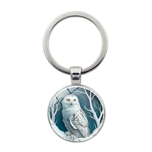 Vintage Zinc Alloy Snowy Owl Keychain With Glass Cabochon Antique Bronze Silver Metal Round Pendant Key Ring Jewelry Gift