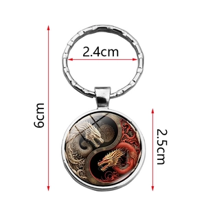 Porte-clés dôme en verre Yin Yang Dragon avec anneau en alliage d'argent pour sacs