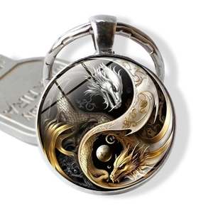 Vintage Dragon Yin Yang Pattern Keychain Zinc Alloy Glass Cabochon Pendant Key Ring Chinese Style Bag Hanging Ornament For Unisex Gift