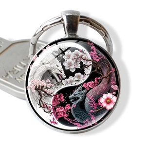 Porte-clés en Verre Yin Yang Tai Chi Double Dragon Anneau Porte-clés en Métal en Alliage de Zinc Argenté pour Femmes