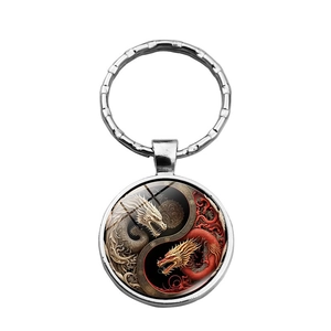 Porte-clés cabochon en verre Dragon Yin Yang avec anneau en métal argenté et breloque art
