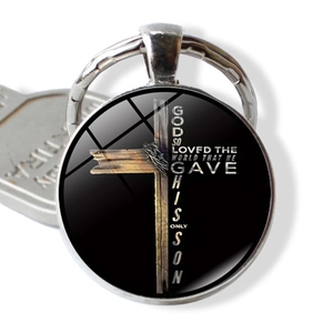 Christian Cross Glass Cabochon Keychain Bible Verse God So Loved The World Zinc Alloy Religious Key Ring Pendant Accessory