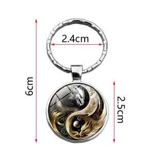 Yin Yang Dragon keychain with Tai Chi motif and vintage silver alloy ring accessory