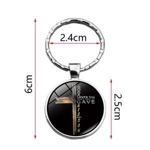 Christian cross glass gem keychain with Bible verse on silver alloy round pendant