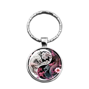 Porte-clés dragon Yin Yang en verre avec motifs de dragons et fleurs de cerisier
