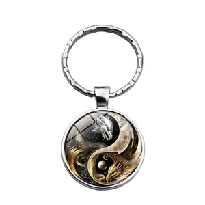 Round Yin Yang double dragon keychain with silver metal ring and glass dome pendant