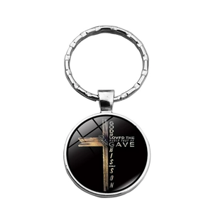 Christian cross glass gem keychain with God so loved the world religious scripture verse