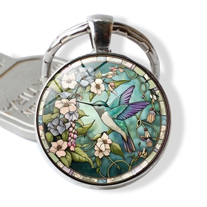 Artistic Hummingbird Floral Round Glass Keychain Zinc Alloy Key Ring For Bag Car Pendant Creative Jewelry Gift For Women