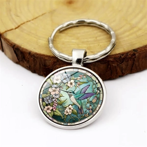 Round hummingbird and floral art glass keychain with silver metal ring for car bags