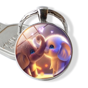 Porte-clés Rond en Alliage de Zinc Éléphant de Dessin Animé avec Cabochon en Verre Motif Cœur Charme de Sac Accessoire Cadeau