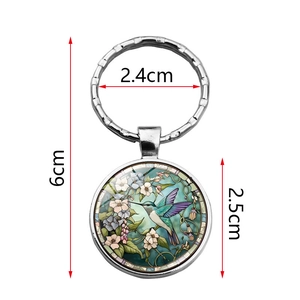 Hummingbird and flower pendant keychain with round metal ring and colorful glass art