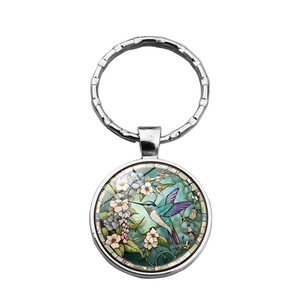Stained glass style hummingbird keychain pendant with colorful metal keyring for handbags