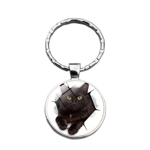 Porte-clés en métal argenté avec chat noir aux yeux jaunes sous dôme en verre sur fond blanc