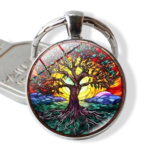 Tree Of Life Keychain Colorful Glass Cabochon Zinc Alloy Pendant Key Ring Artistic Stained Glass Style Bag Charm Jewelry Gift