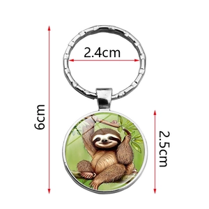 Cartoon sloth glass dome keychain with silver metal ring for car keys and bags