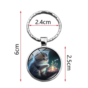 Cute cat illustration glass keychain with silver metal ring and fairy tale pattern