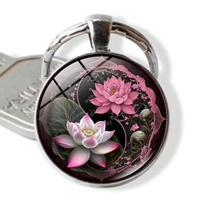Yin Yang Tai Chi Lotus Flower Keychain Silver Alloy Glass Gem Key Ring Pendant Jewelry For Women Men Bag Car Decor Gift