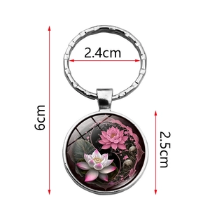 Yin Yang Tai Chi Lotus glass cabochon keychain in silver finish with size dimensions
