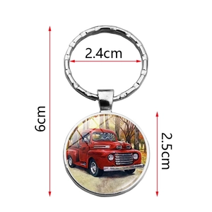 Red vintage truck glass cabochon keychain with circular metal ring and 6cm total length