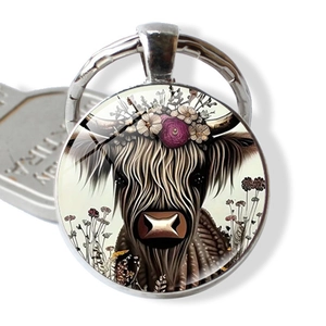 Porte-clés Vache des Highlands Fleurs Gemme du Temps Rond Alliage de Zinc Verre Cabochon Anneau pour Sac Pendentif