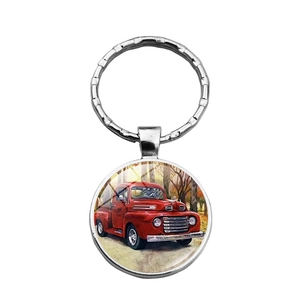 Vintage red truck pendant keychain made of silver alloy with autumn forest glass cabochon