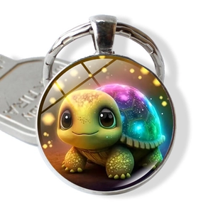 Cute Sea Turtle Time Gem Keychain Zinc Alloy Silver Glass Cabochon Glow In The Dark Galaxy Bag Pendant Gift For Women