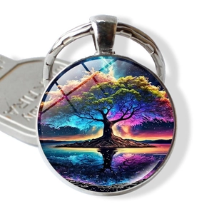 Tree Of Life Colorful Painting Glass Cabochon Keychain Silver Alloy Round Pendant Key Ring Women Bag Car Hanging Ornament