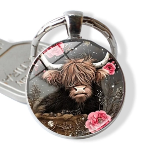 Scottish Highland Cow Keychain Silver Alloy Glass Pendant Pink Flower Artistic Bag Charm Scottish Animal Key Ring For Women