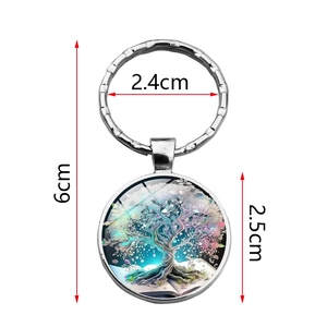 Artistic Tree of Life glass pendant keychain with silver metal ring and size measurements