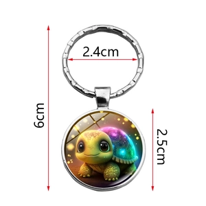 Cute turtle glass cabochon keychain with silver alloy ring and circular turtle charm