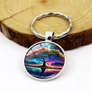 Colorful Tree of Life keychain with silver metal wave ring and starry nature glass pendant