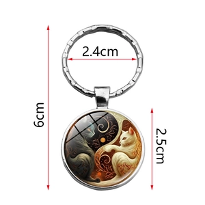 Yin Yang Cat glass gem keychain with silver metal ring and circular art pendant