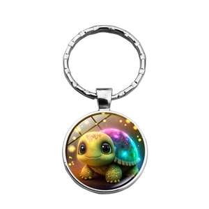 Cute cartoon turtle glass cabochon keychain with a polished silver metal ring for women