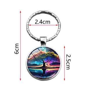 Colorful Tree of Life keychain with 2.5cm glass dome pendant and dimensions details
