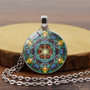 Collier Pendentif Mandala Vintage Géométrie Sacrée Fleur De Vie Alliage Verre Cabochon Chaîne Ronde Bijoux Femme Bohème Cadeau