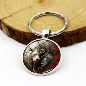 Yin Yang lion glass dome keychain with polished silver alloy ring for car keys and bags